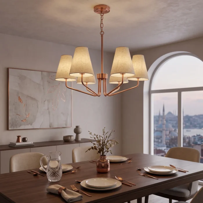 Vespera 6 Kollu Keten Şapkalı Fırçalı Bakır Avize - Görsel 3